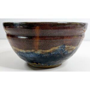 Studio Art Hand Thrown Blue Brown Tan Glazed Pottery Bowl Signed 8.5"Dx4.5"H EUC